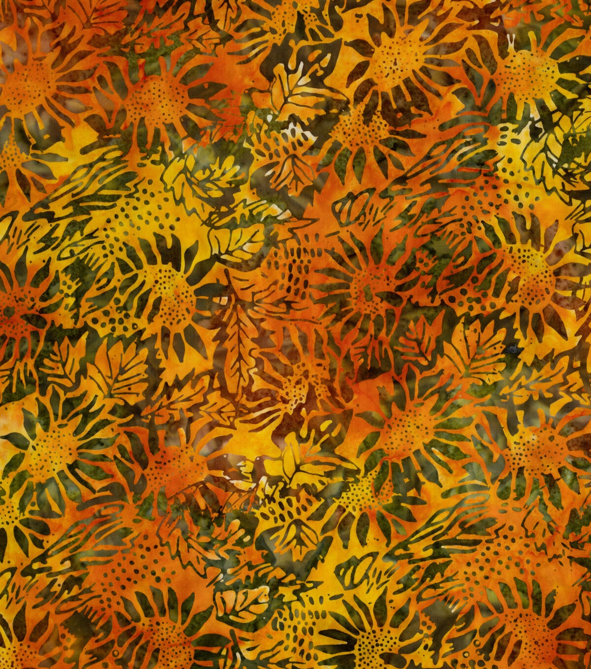 Orange & Yellow Sunflower Garden Batik Cotton Fabric
