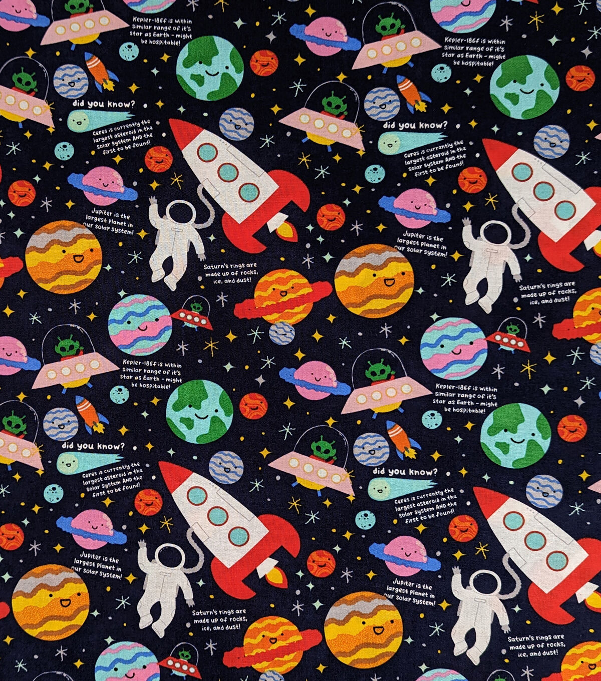 Outer Space Friends On Black Novelty Cotton Fabric by POP!