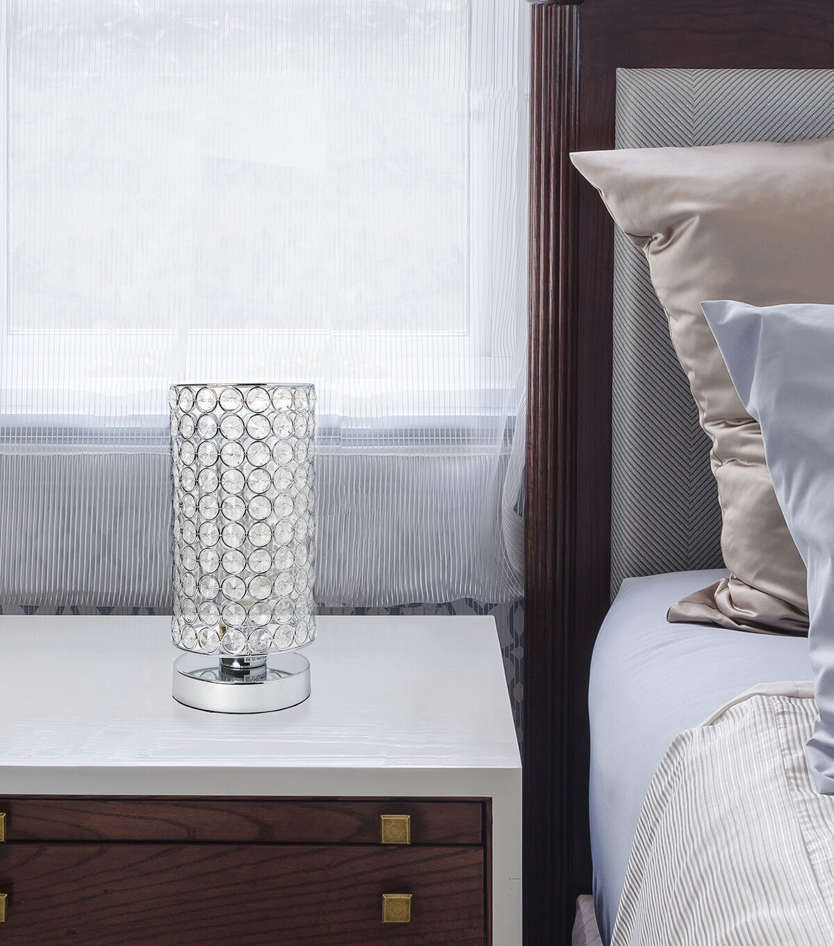 All The Rages Crystal Nightstand Cylindrical Uplight Table Lamp, Chrome