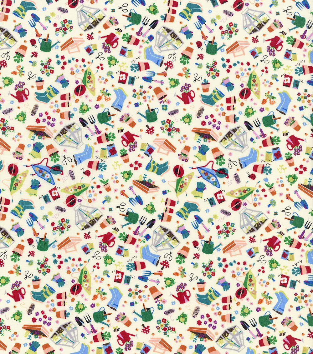 Hi Fashion Gardening Tools on White Novelty Cotton Fabric