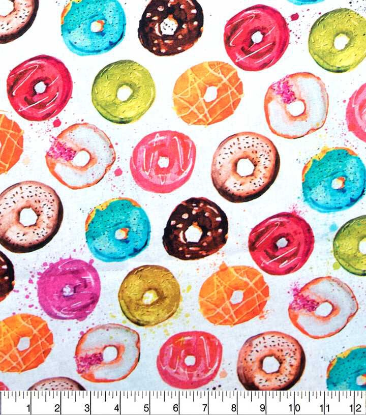 Rainbw Donuts On White Novelty Cotton Fabric
