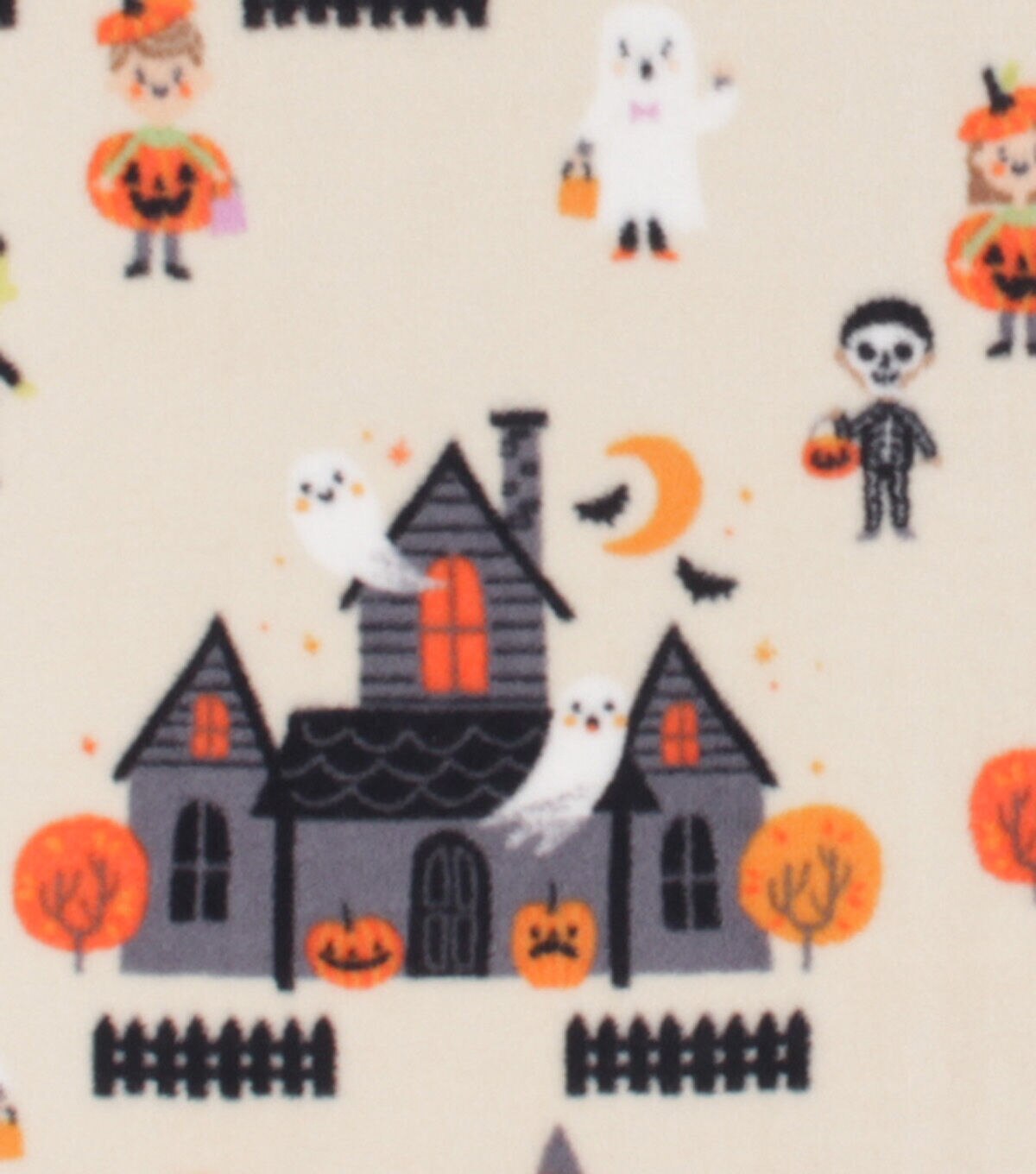 Trick or Treaters on White Anti Pill Fleece Fabric by POP!