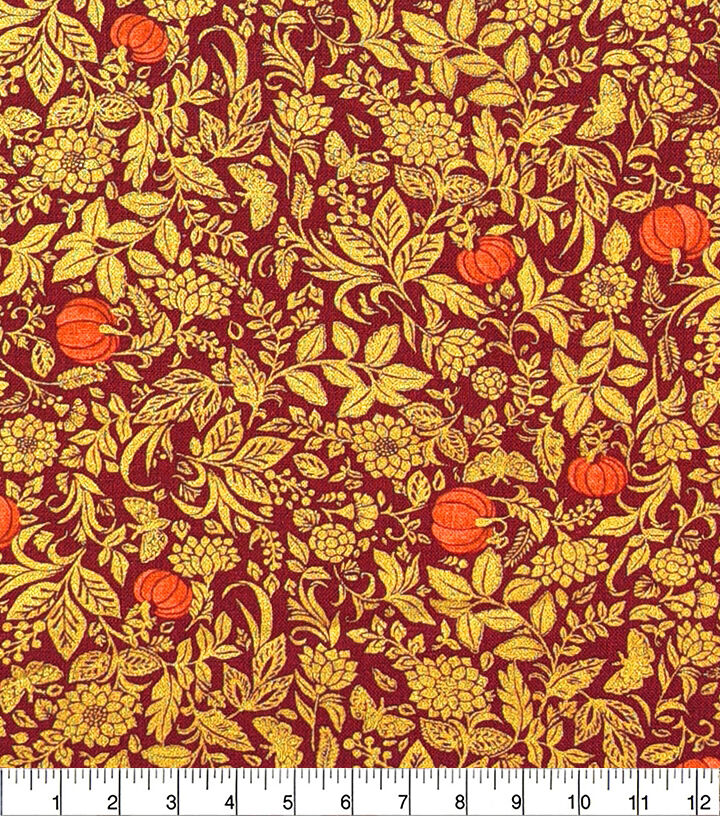 Fall Metallic Pumpkins & Vines on Burgundy Glitter Cotton Fabric