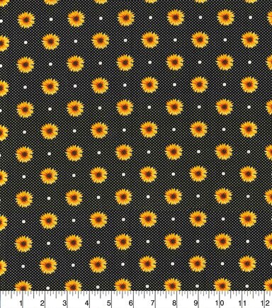 Fall Sunflowers & Dots on Black Cotton Fabric