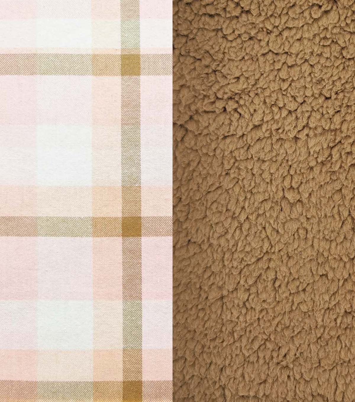 Pink & Brown Plaid Flannel Backed Sherpa Fabric