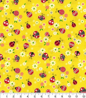 Fabric Traditions Ladybug on Yellow Novelty Glitter Cotton Fabric