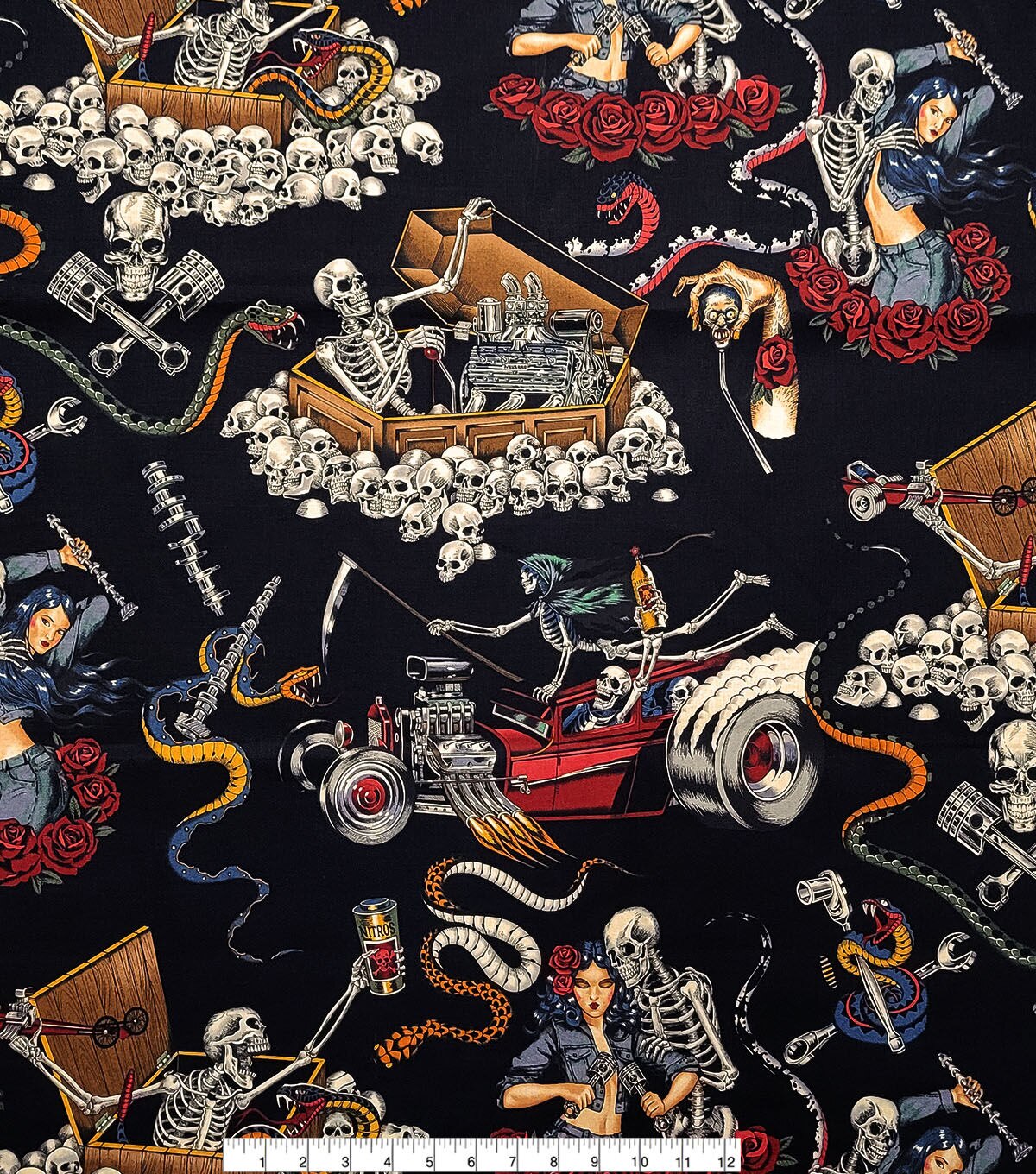 Alexander Henry Skulls & Cars on Black Cotton Fabric