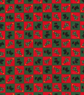 Trees on Green & Red Plaid Christmas Cotton Fabric