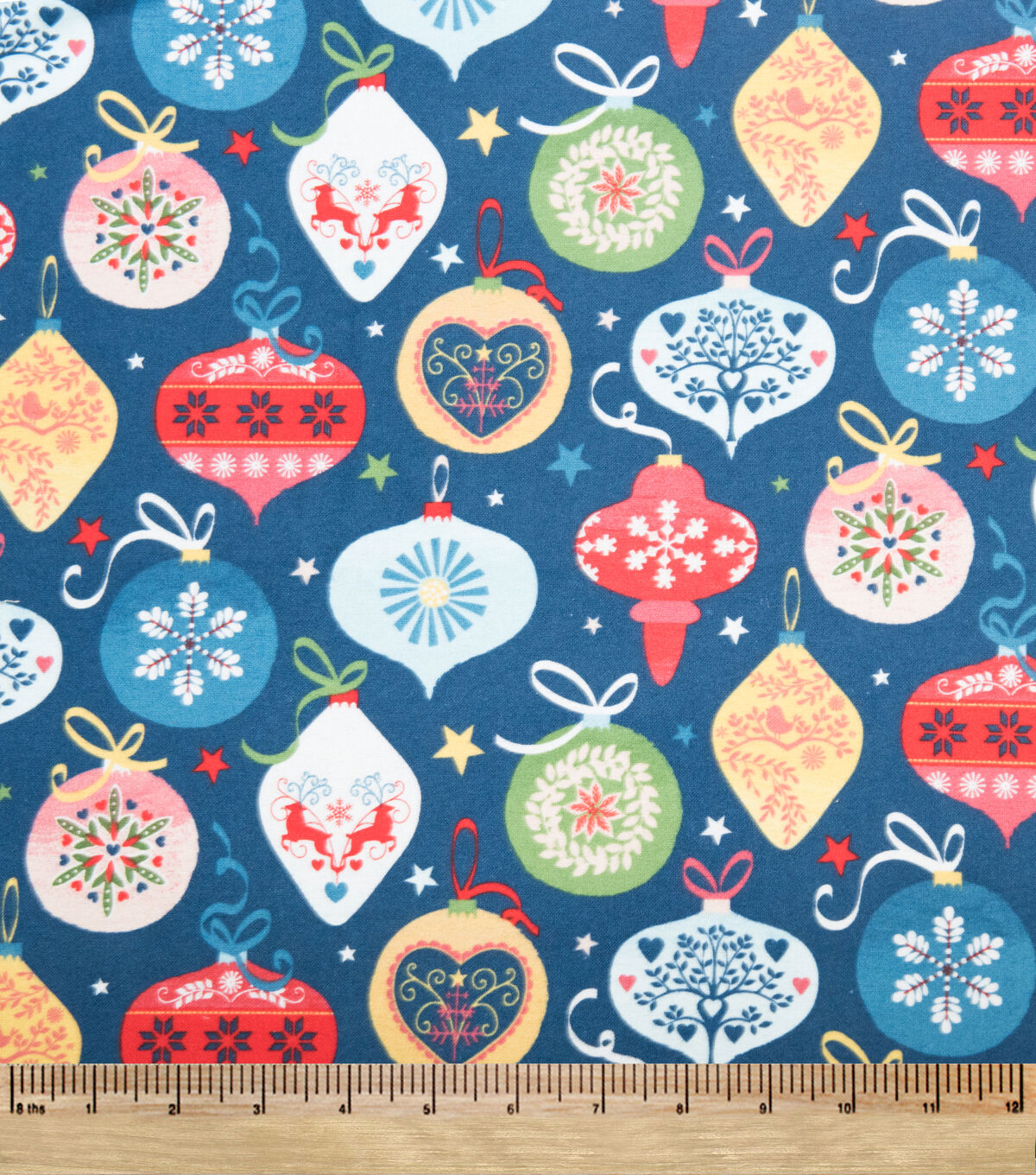 Ornaments & Stars on Blue Super Snuggle Christmas Flannel Fabric