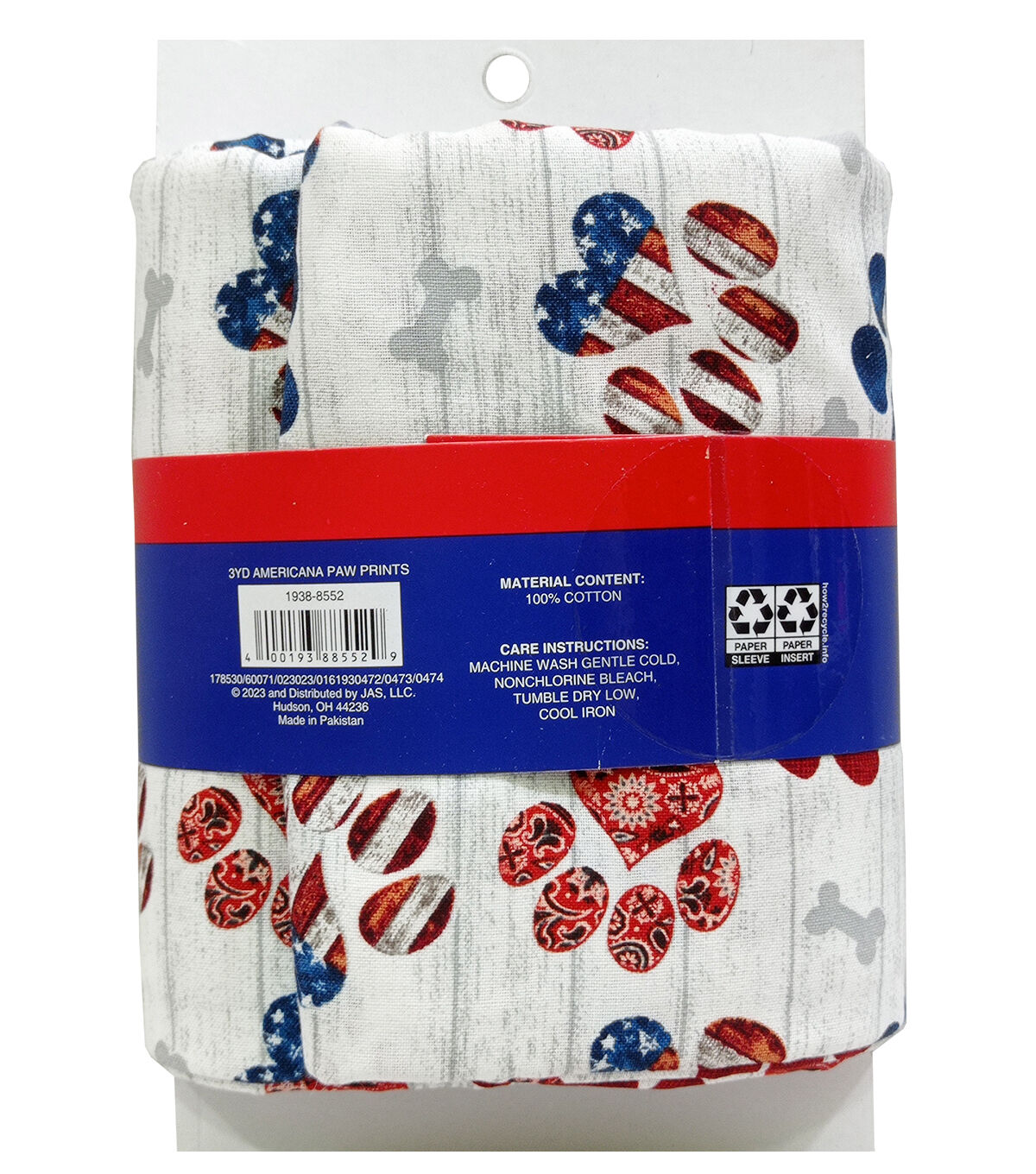 3yd Patriotic White Americana Paw Prints Precut Cotton Fabric