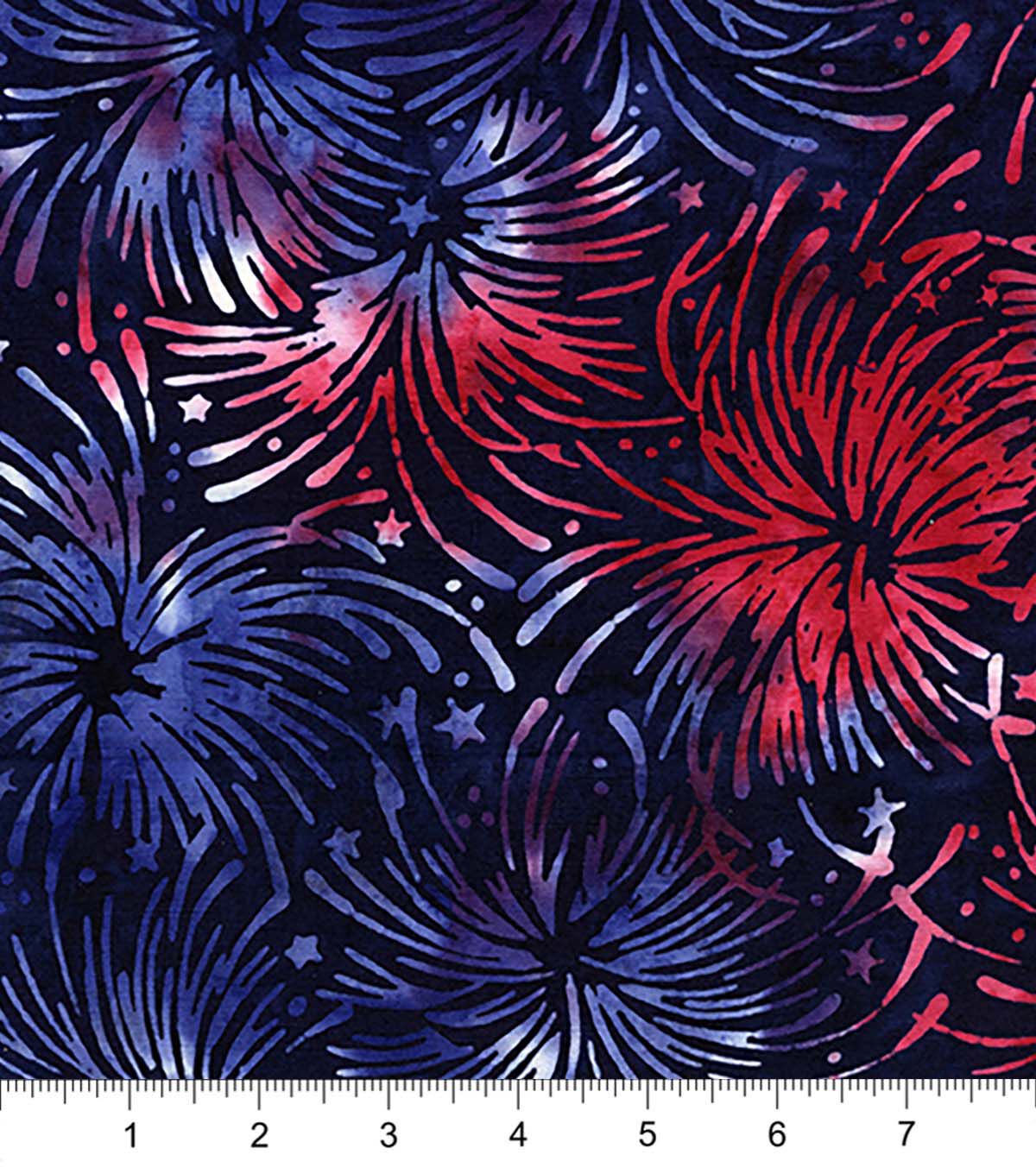 Red & Blue Fireworks Patriotic Batik Cotton Fabric