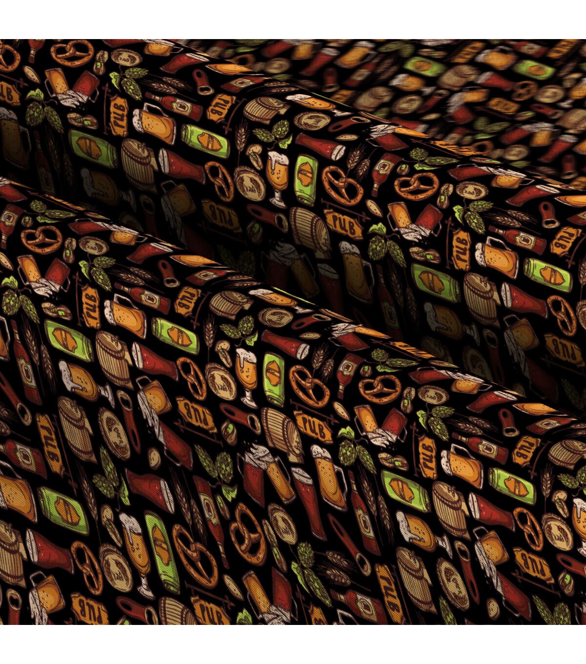 Beer & Pretzels on Black Novelty Cotton Fabric