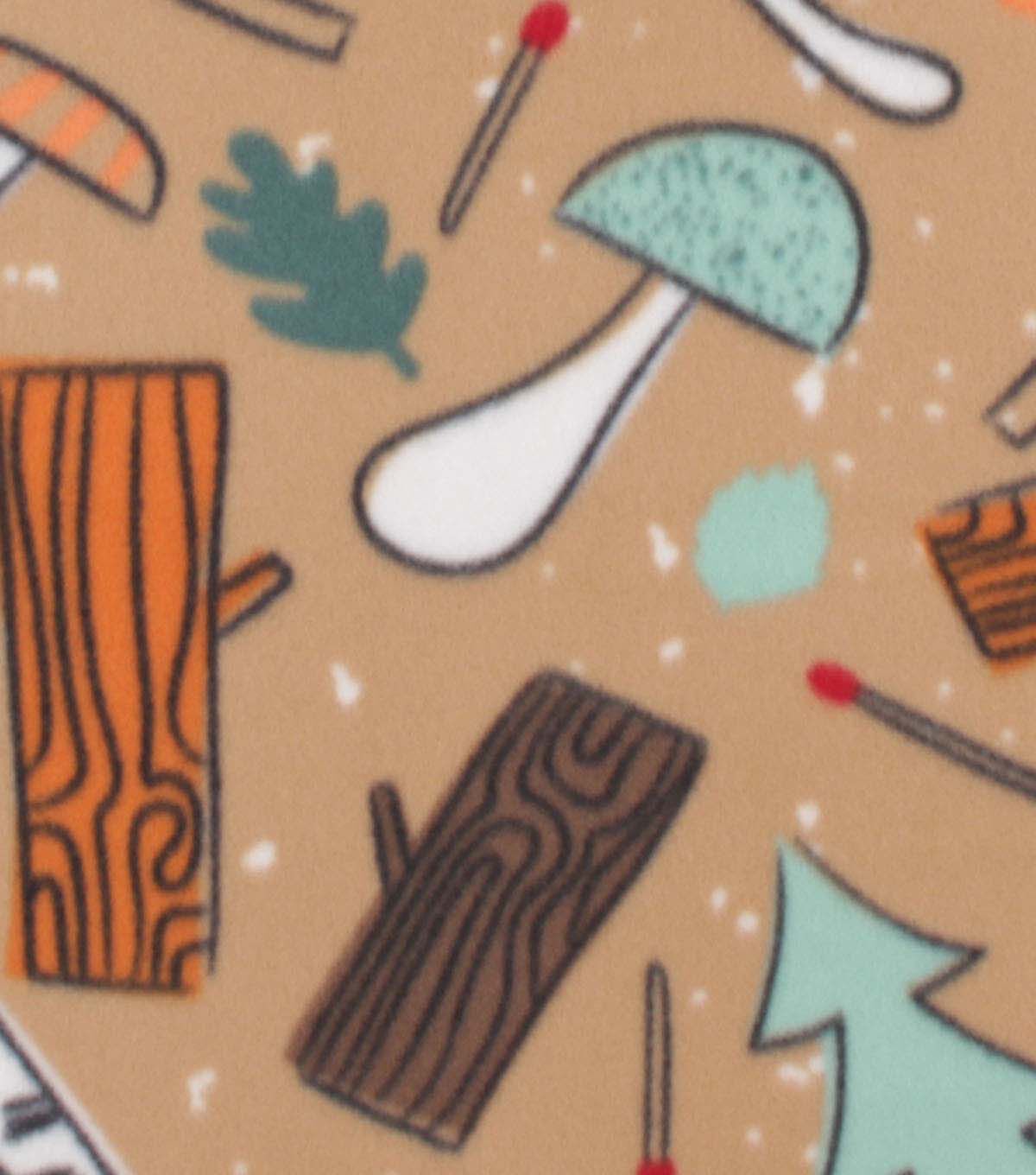 Nature Icons on Brown Blizzard Fleece Fabric