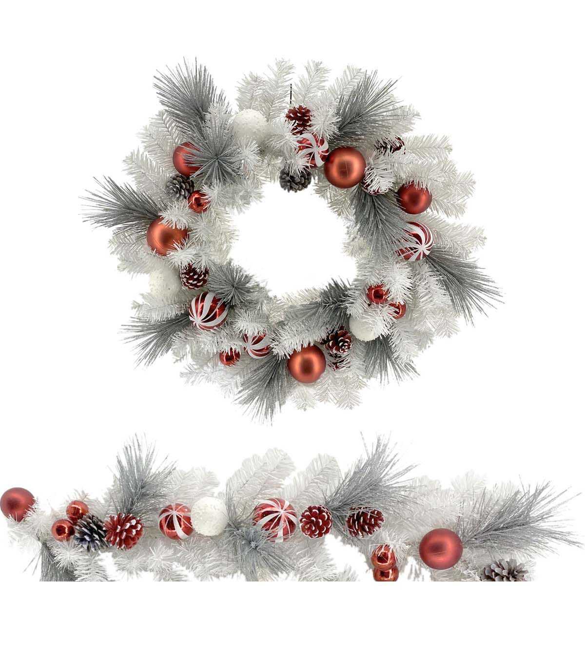 Holiday Red & White Bauble & Pine Coordinating Wreath & Garland