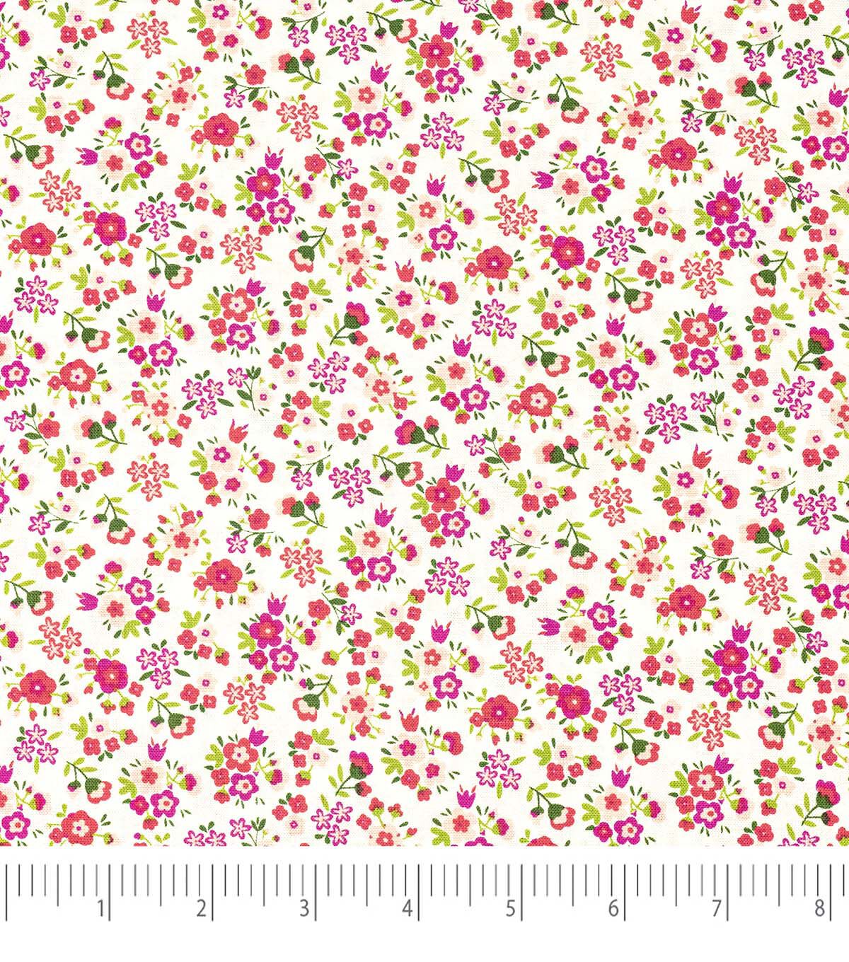 Singer Pink Flowers on White Quilt Cotton Fabric