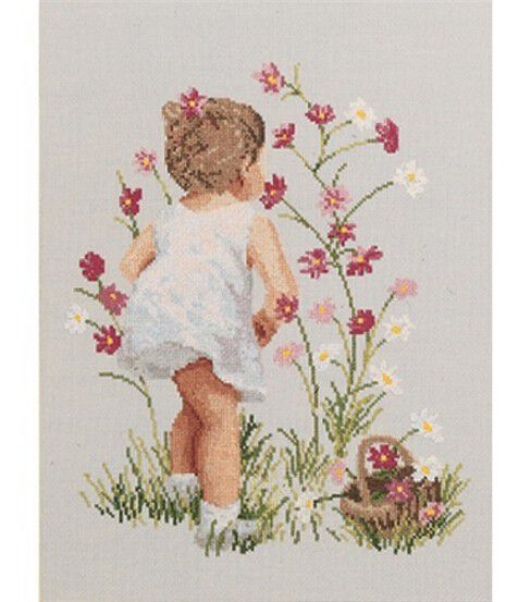 Janlynn 12 x 16 Girl With Cosmos Counted Cross Stitch Kit