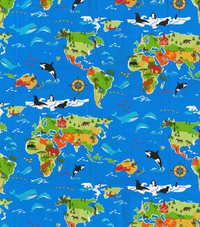 Animals Around The World on Blue Novelty Cotton Fabric
