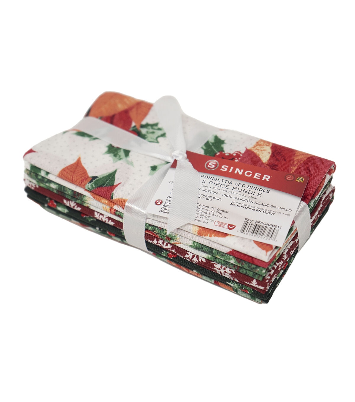 Singer 18 x 21 Poinsettias Christmas Cotton Fabric Quarters 5ct