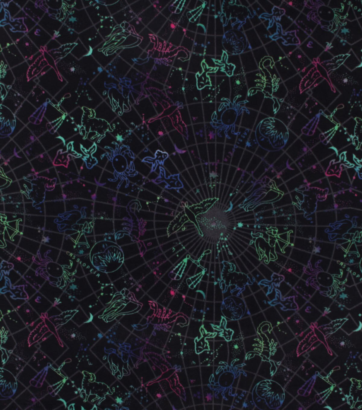 Multicolor Zodiac on Black Anti Pill Fleece Fabric