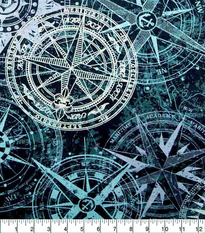 Compasses Teal Cream Novelty Cotton Fabric