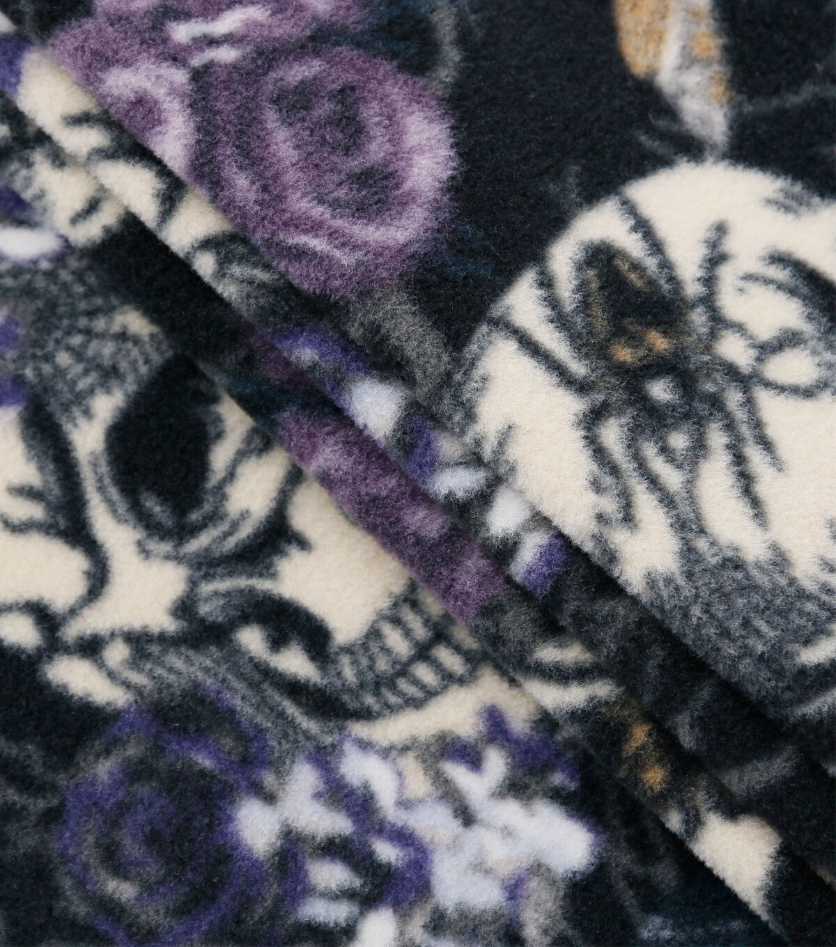 Purple & White Floral Skulls Anti Pill Fleece Fabric