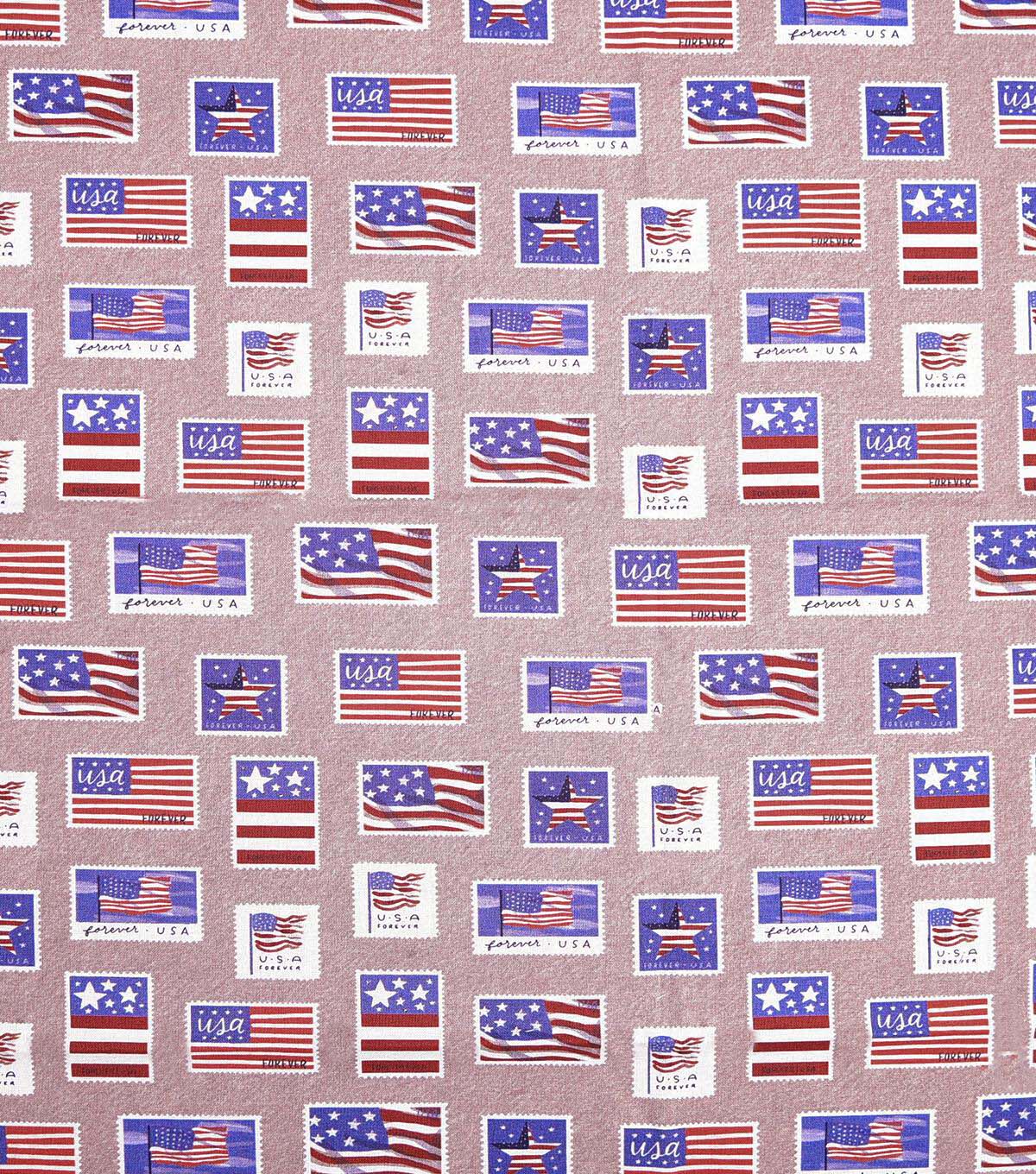 Flag Stamps on Light Purple Patriotic Cotton Fabric
