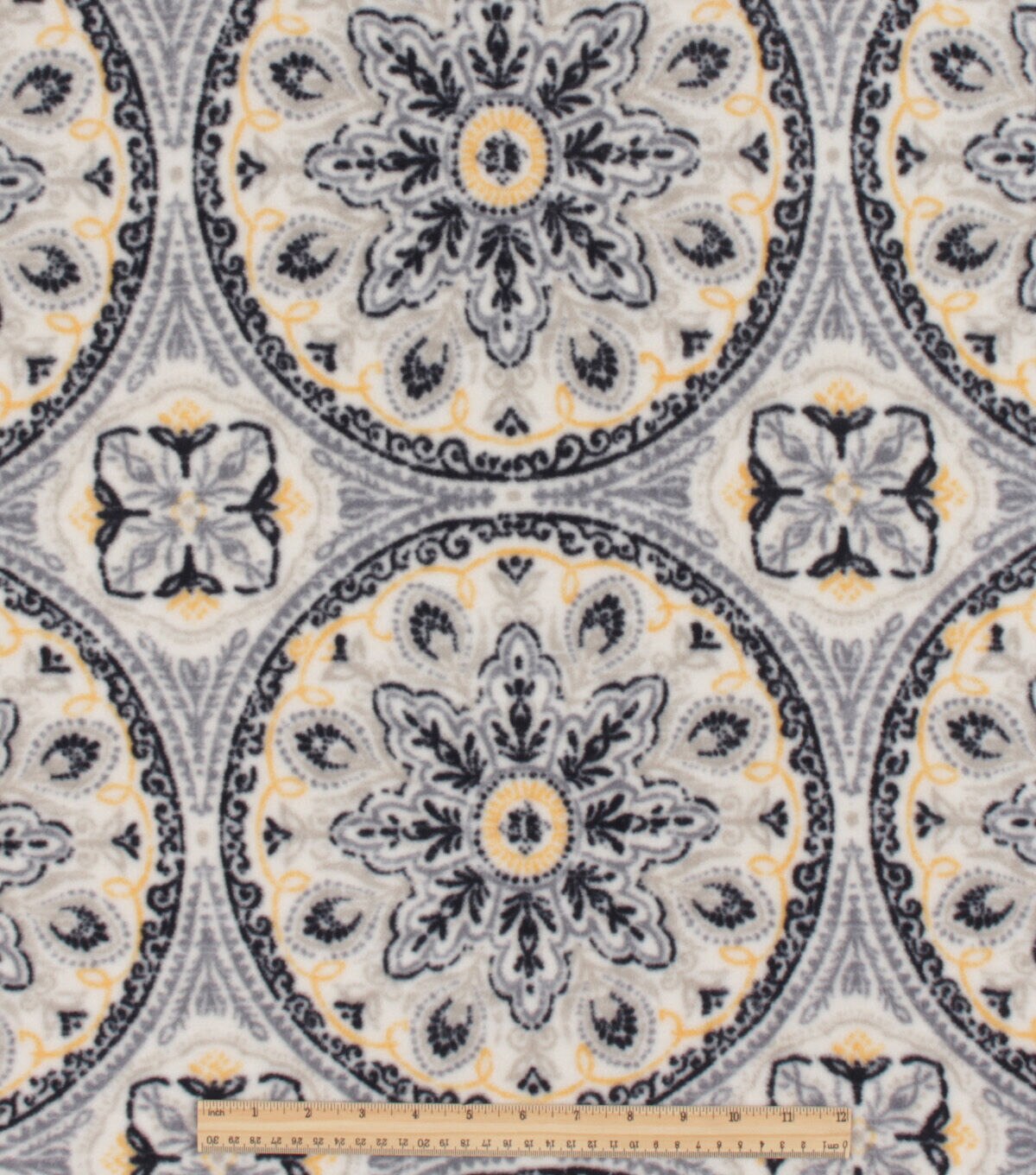 Gray & Yellow Medallions Anti Pill Fleece Fabric