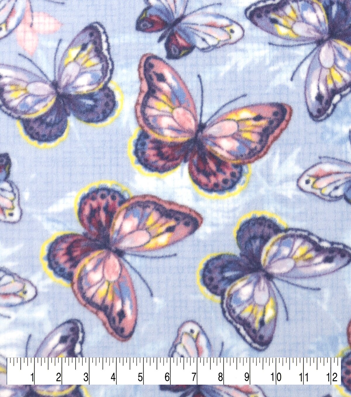 Purple & Pink Butterflies on Blue Anti Pill Fleece Fabric