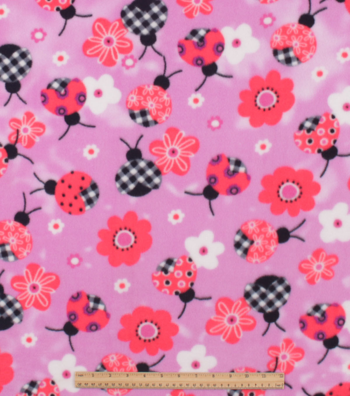 Pink Ladybugs With Floral Anti Pill Plush Fleece Fabric