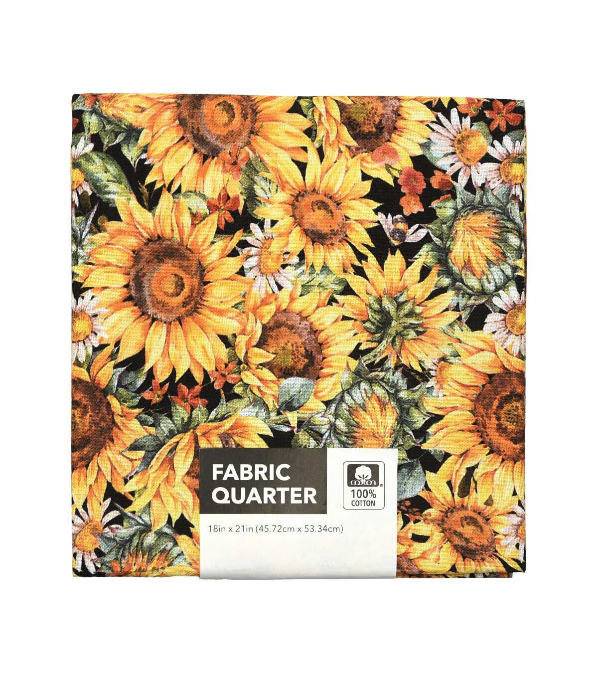 18 x 21 Sunflowers & Daisies On Black Cotton Fabric Quarter 1pc