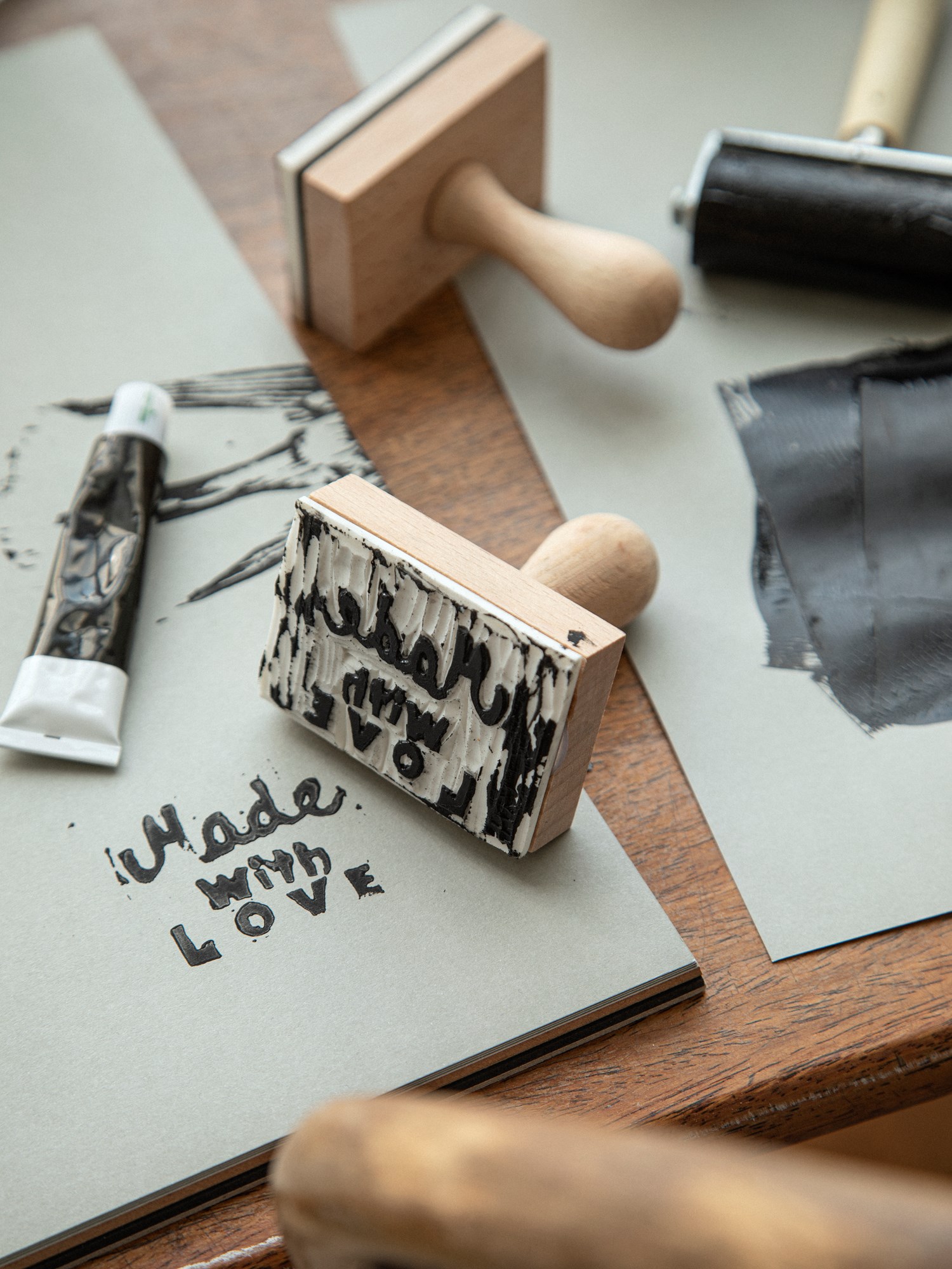 Wooden stamp with blank rubber