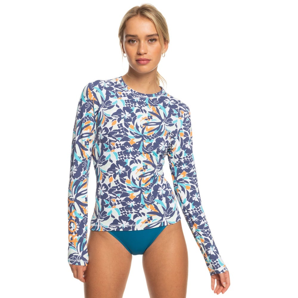 Roxy Womens Sea Skippin Long Sleeve Upf 50 Rashguard In Bijou Blue Tropical Daze