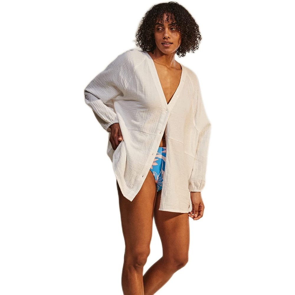Roxy Womens White Tidelines Shirt Swim Cover Up In White