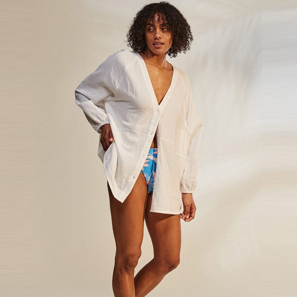 Roxy Womens White Tidelines Shirt Swim Cover Up In White