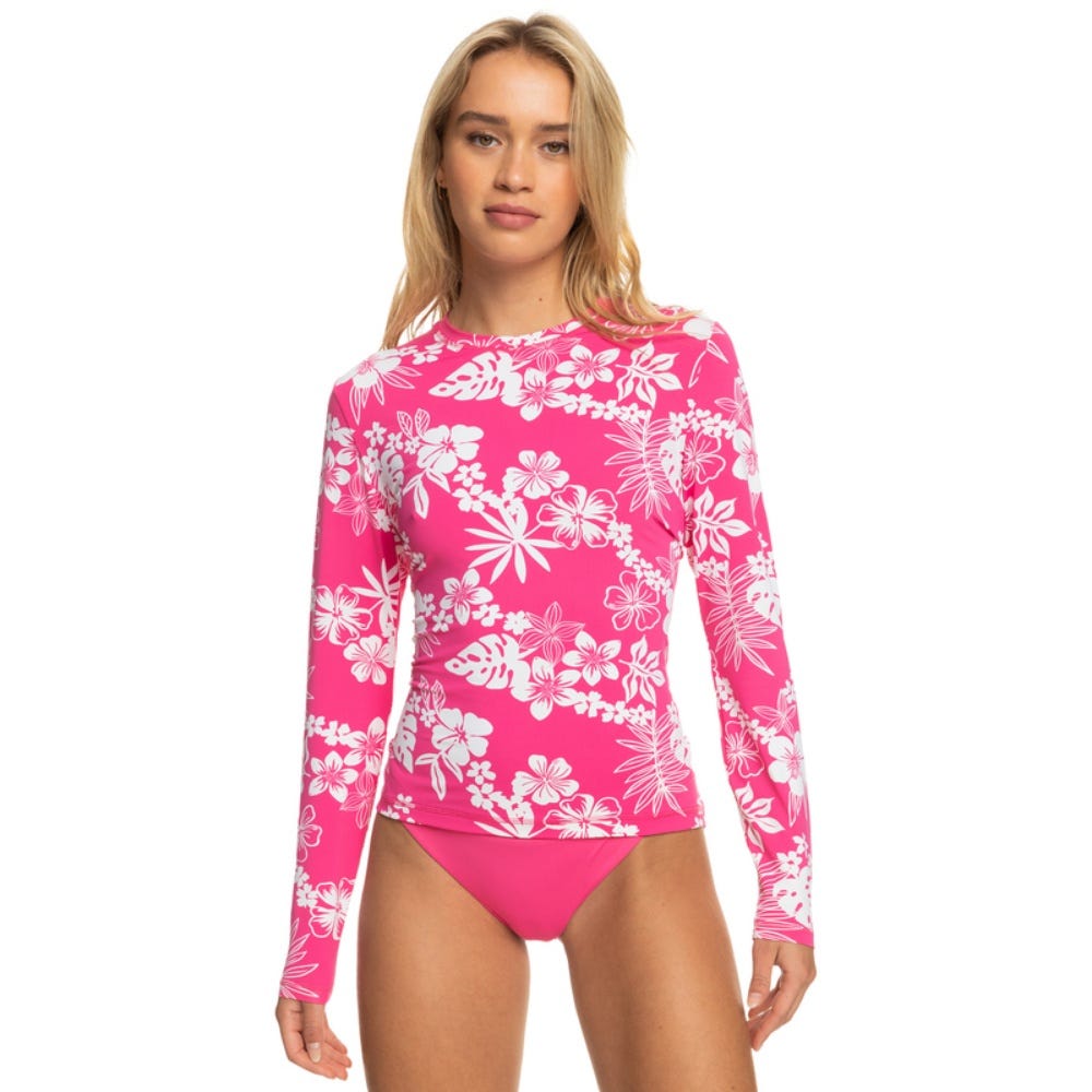 Roxy Womens Sea Skippin Long Sleeve Upf 50 Rashguard In Shocking Pink Hello Aloha