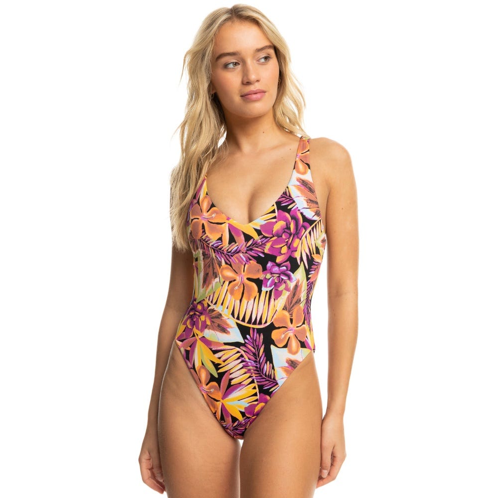 Roxy Womens Printed Beach Classics One-Piece Swimsuit In Anthracite Hot Tropics Swim Ax