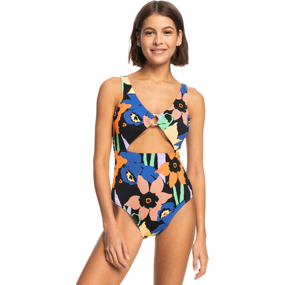Roxy Womens Color Jam One-Piece Swimsuit In Anthracite Flower Jammin