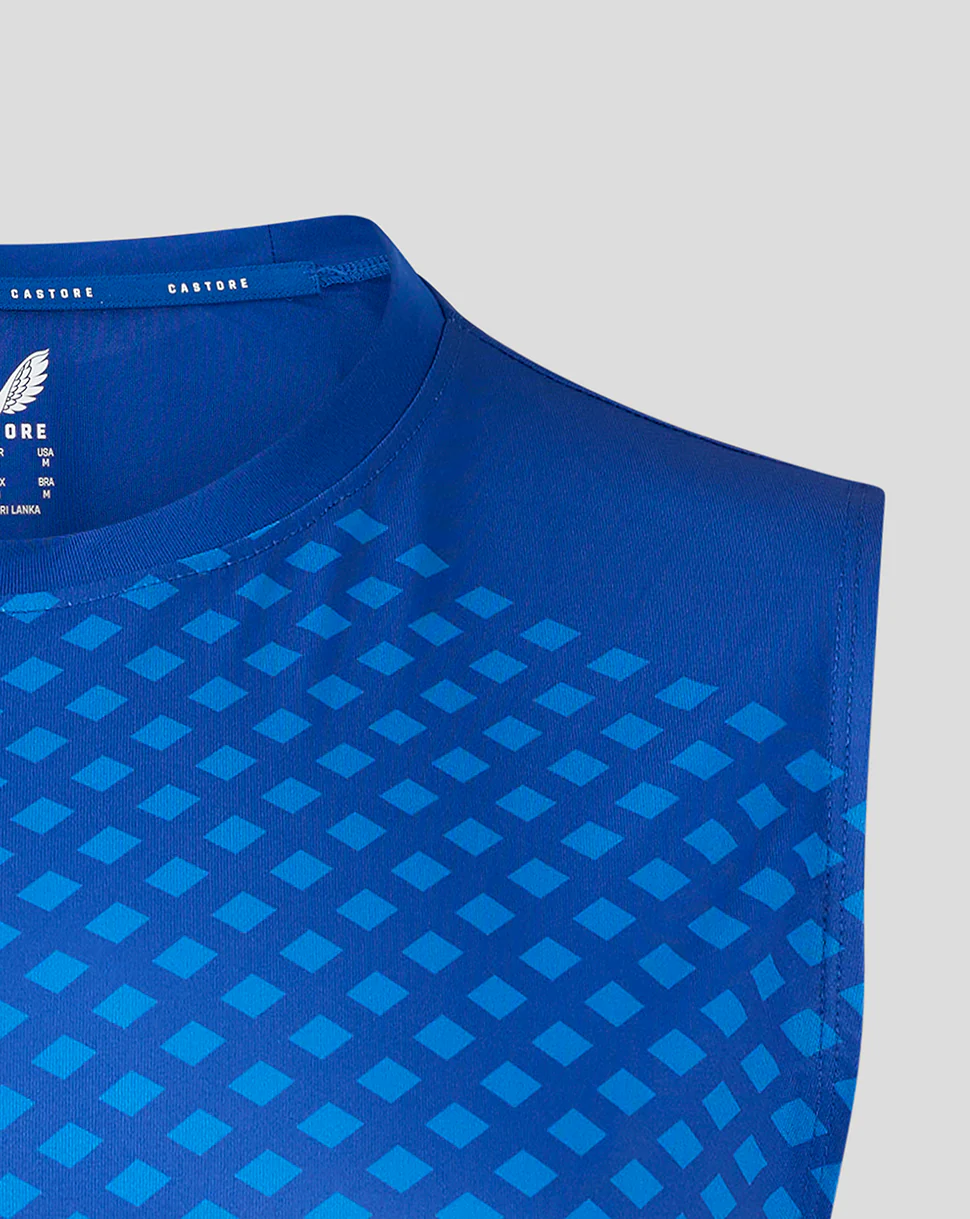 GEOMETRIC PRINTED MENS SINGLET - SURF THE WEB / VICTORIA BLUE