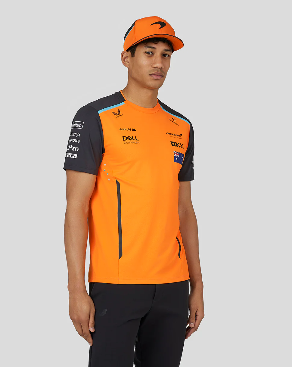 McLaren Mens Official Teamwear Set Up T-Shirt Oscar Piastri Formula 1 - Papaya/Phantom