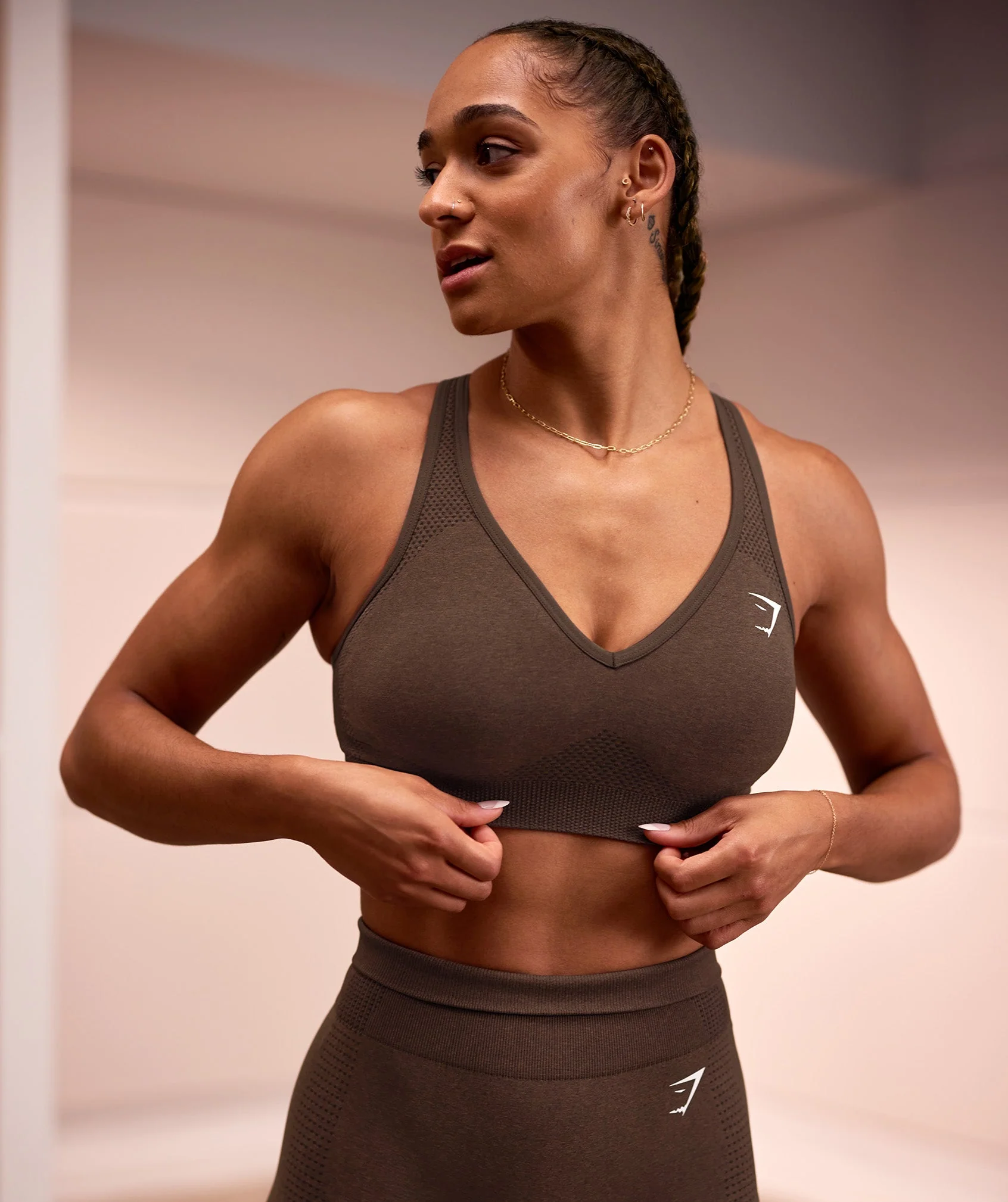 Gymshark Vital Seamless 2.0 V Neck Sports Bra - Espresso Marl