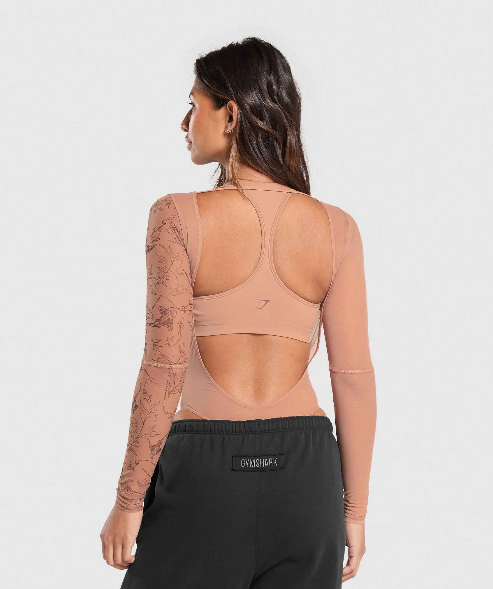 Gymshark Elevate Tattoo Graphic Mesh Bodysuit - Autumn Brown