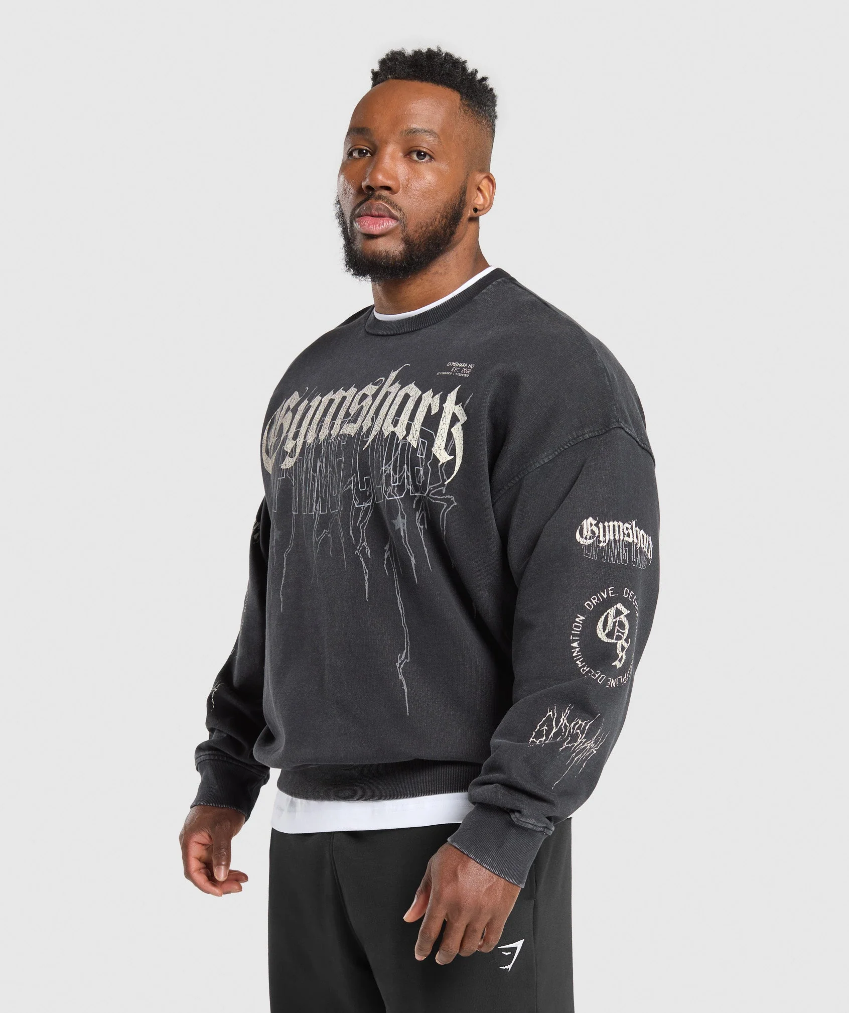 Gymshark Distressed Graphic Crew - Black Acid Wash