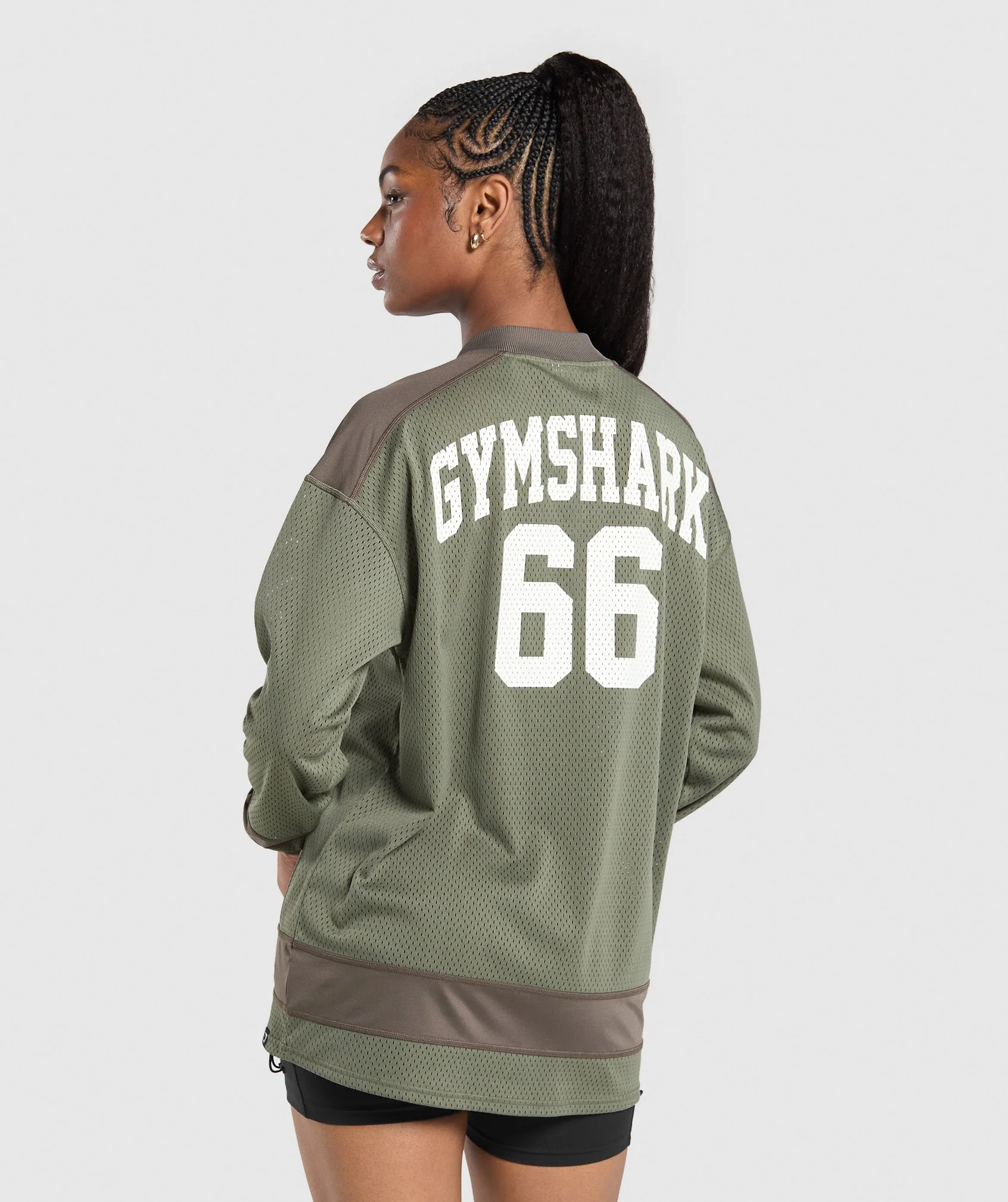 Gymshark Mesh Long Sleeve Varsity Top - Base Green/Camo Brown