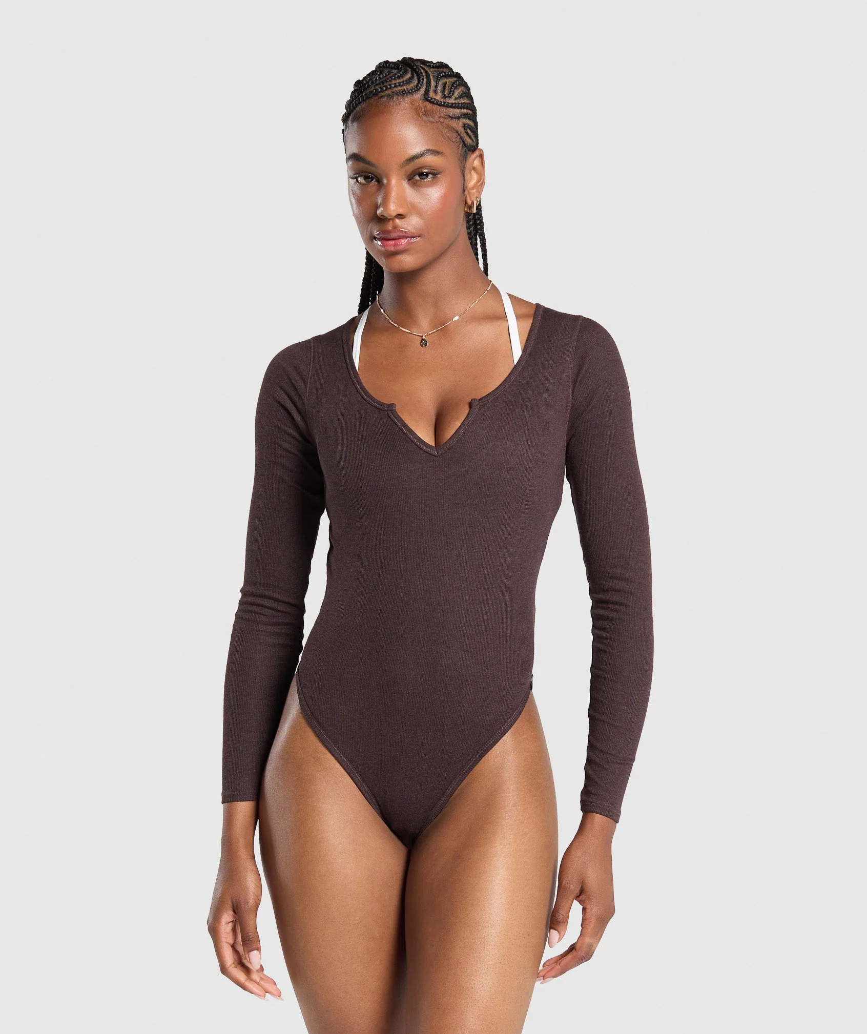 Gymshark Ribbed Cotton Long Sleeve Bodysuit - Brown Marl