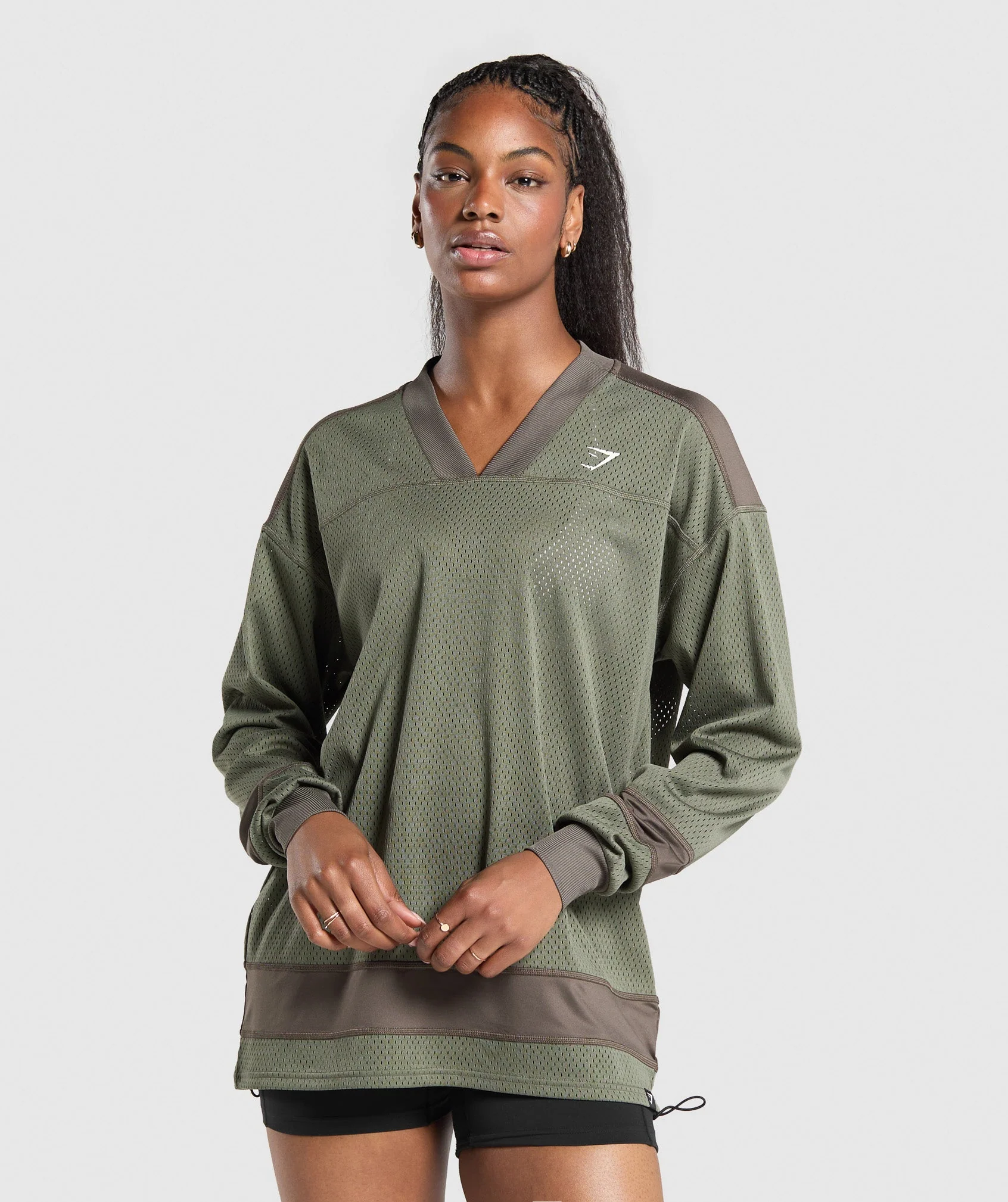 Gymshark Mesh Long Sleeve Varsity Top - Base Green/Camo Brown