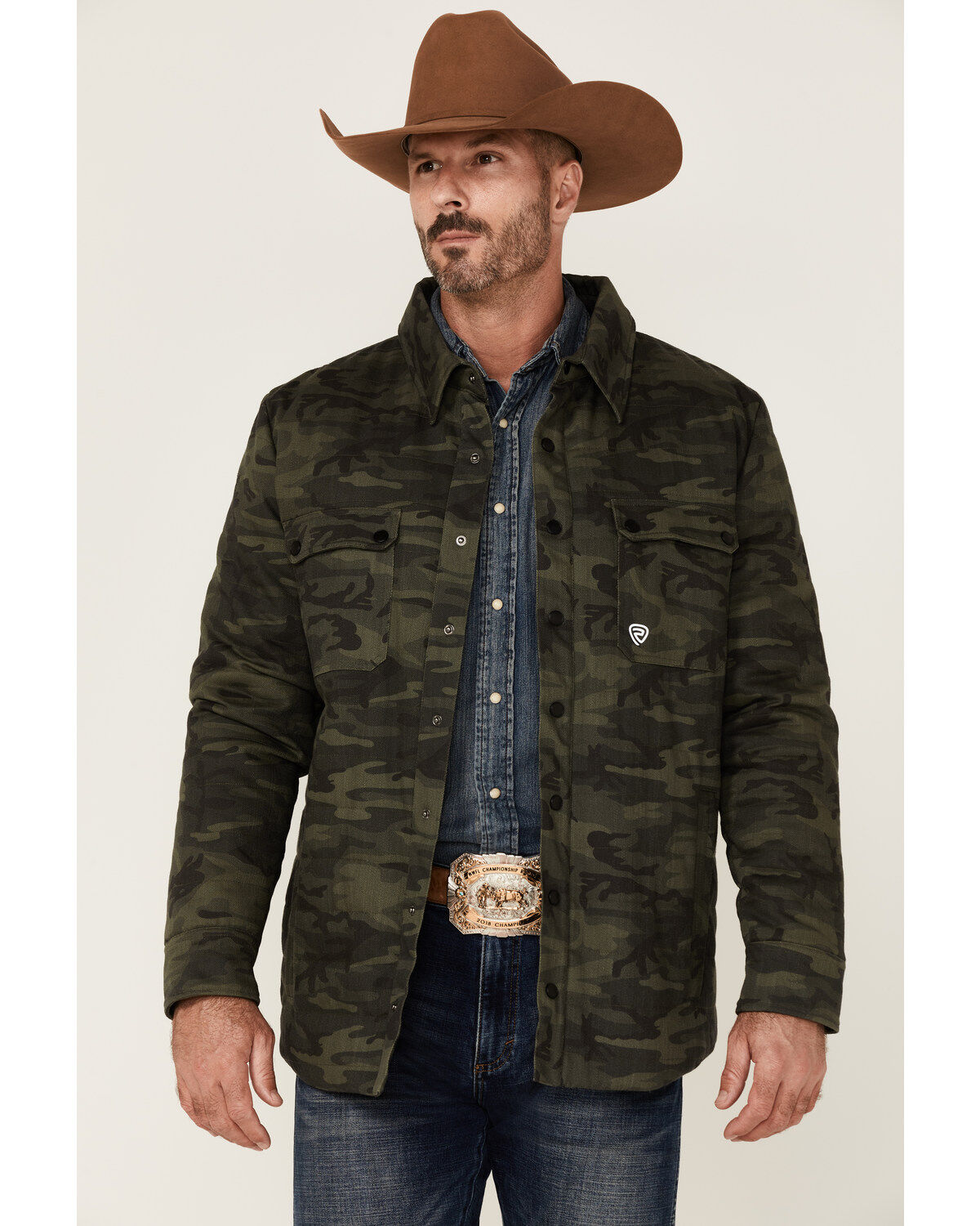Rock & Roll Denim Men's Camo Print Twill Puffer Snap-Down Shirt Jacket