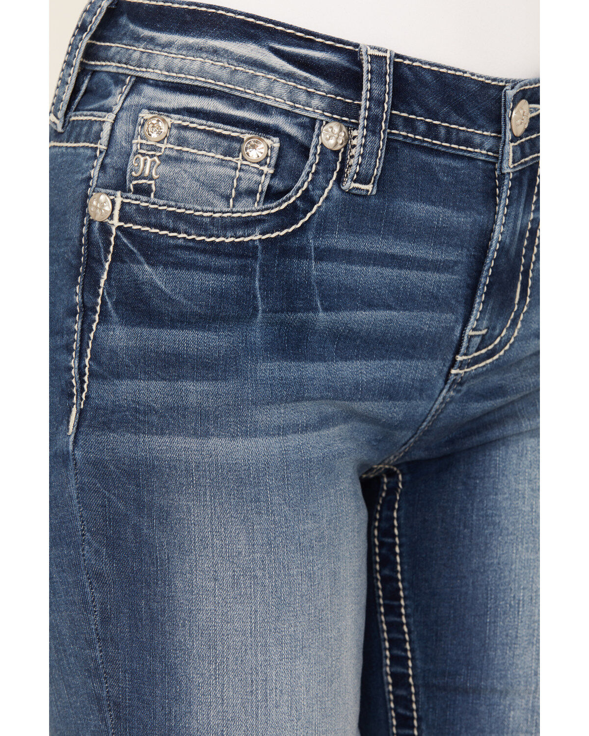 Miss Me Women's Dark Wash Mid Rise Faux Flap Pocket Bootcut Stretch Denim Jeans