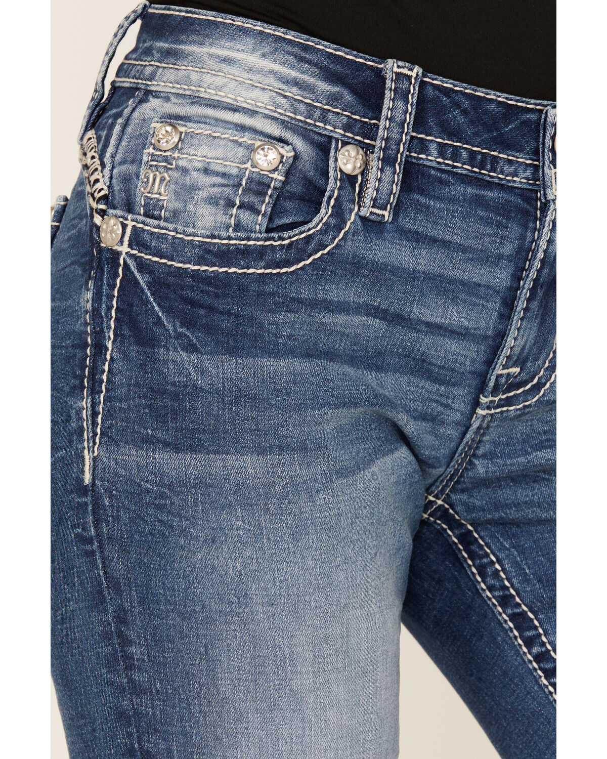 Miss Me Women's Medium Wash Mid Rise Southwestern Print Pocket Bootcut Stretch Denim Jeans