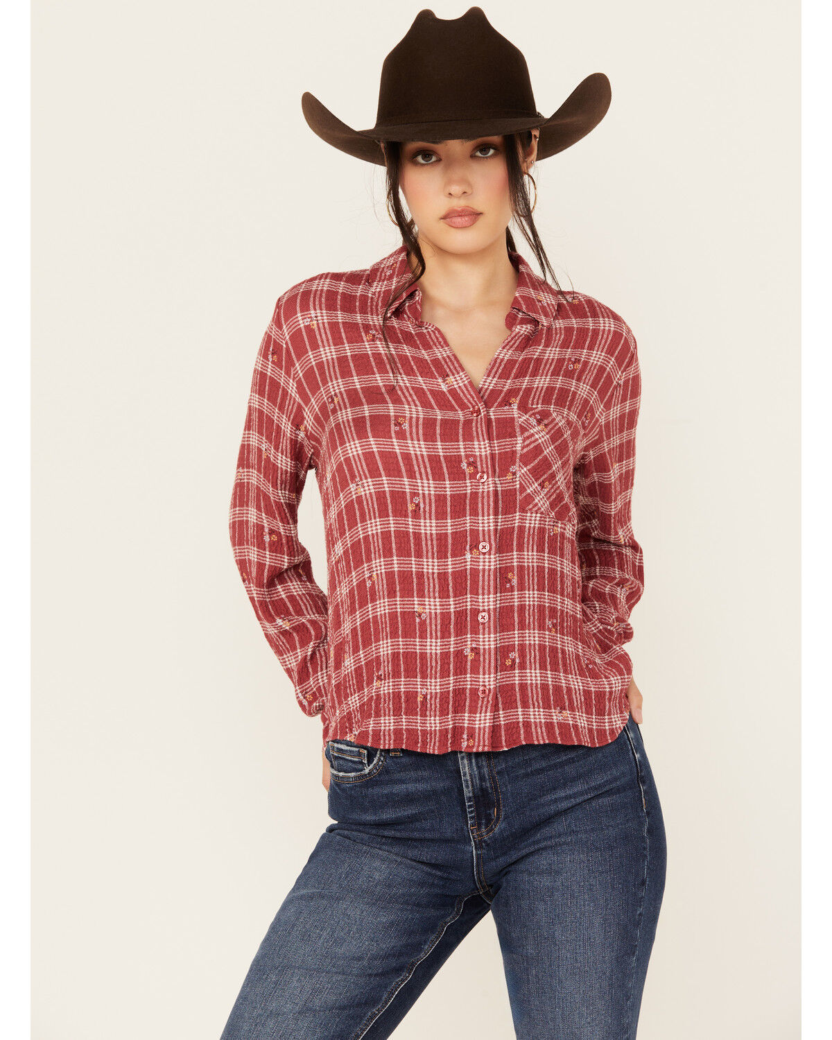Beyond The Radar Women's Plaid Print Floral Long Sleeve Button-Down Shirt