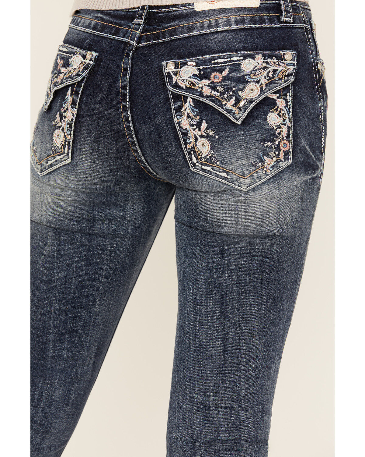 Grace In LA Women's Medium Wash Floral Paisley Embroidered Mid Rise Bootcut Stretch Denim Jeans